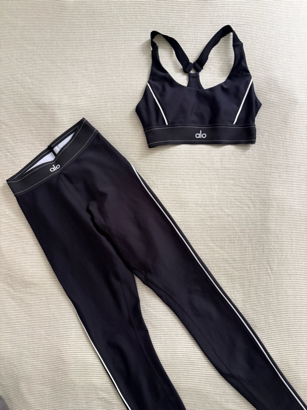 ALO Yoga Black Leggings & Sports Bra Set with White Trim